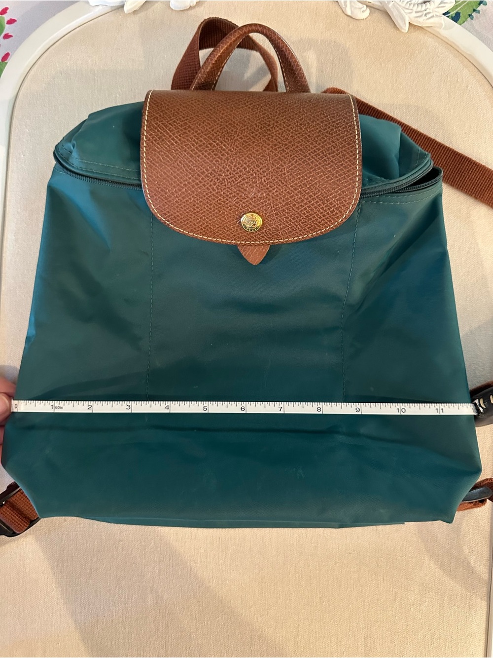 Longchamp Green Nylon Backpack with Brown Leather Flap - Picture 7 of 10